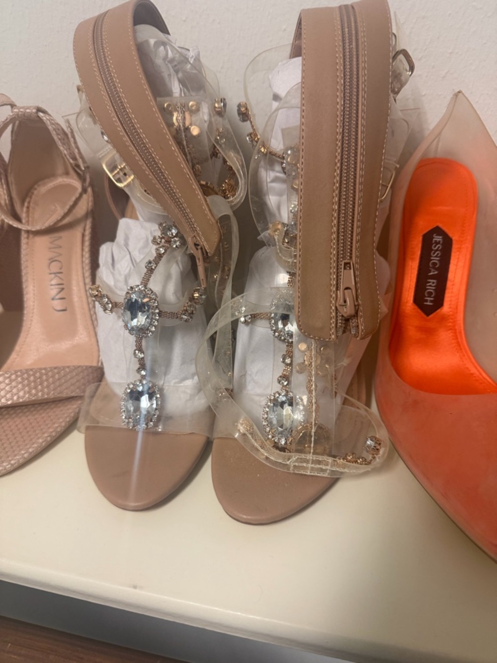 Jessica Clear Strap Nude Heels with Crystal Embellishments